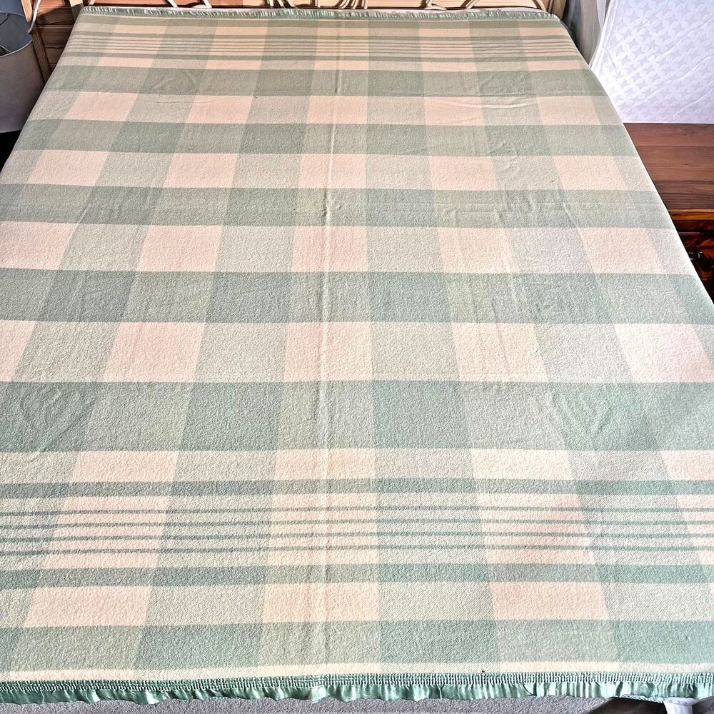Vintage Light Green & Cream Plaid Wool/Cotton Camp Blanket  - 80" x 70"